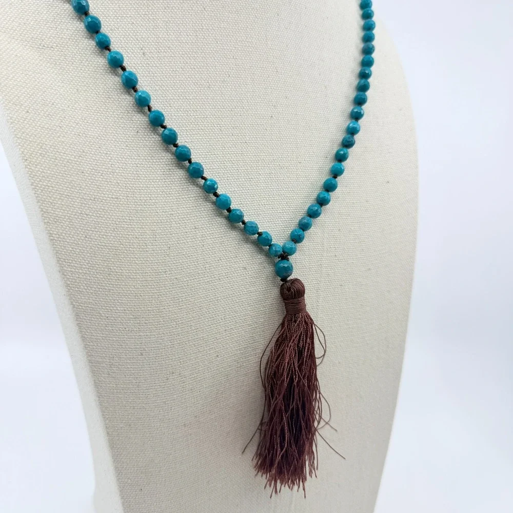 Necklace Vintage Bright Blue Stone‎ Knotted Mala Brown Tassel Boho Statement 90s